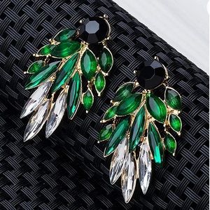 Crystal Earrings Gold Color Green Black Dangles